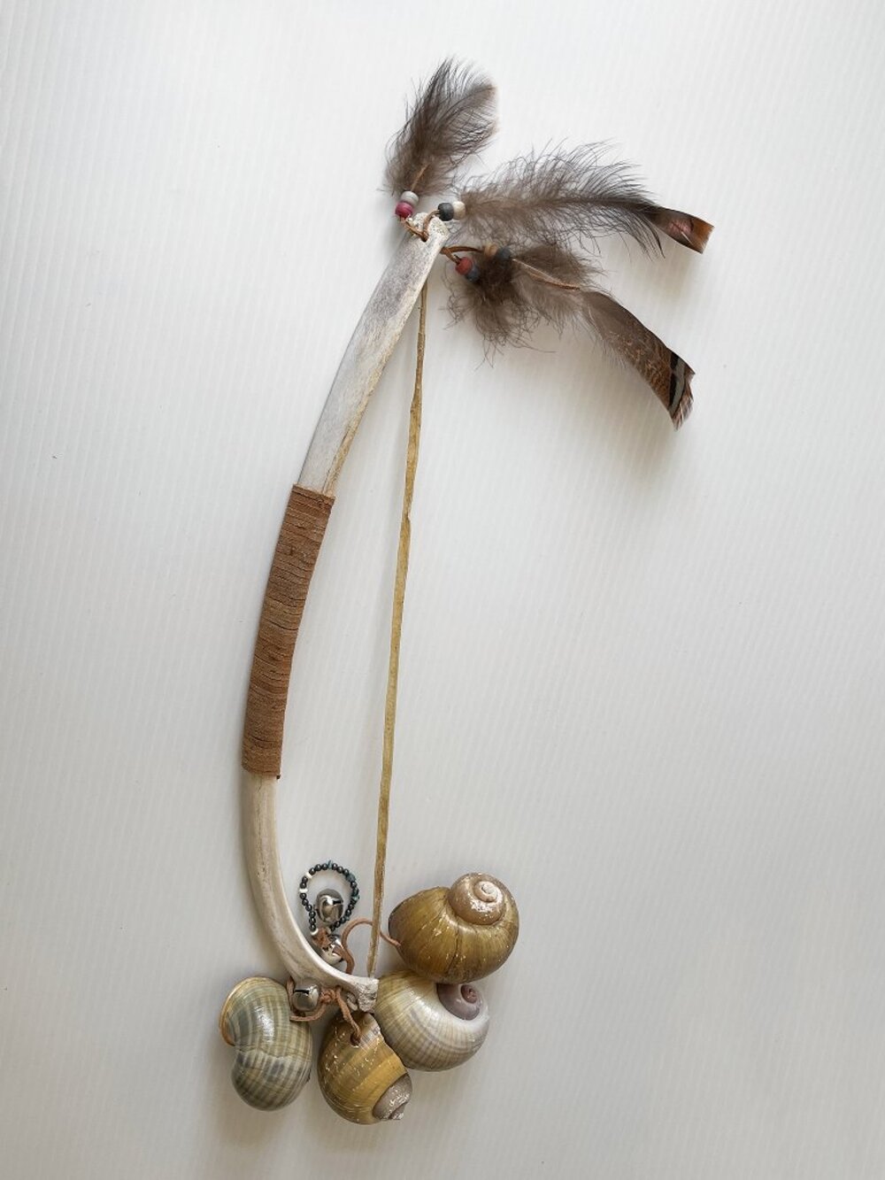 Vtg Native American Style Bone Dance Bow Stick Ceremonial Feathers Shells Bells